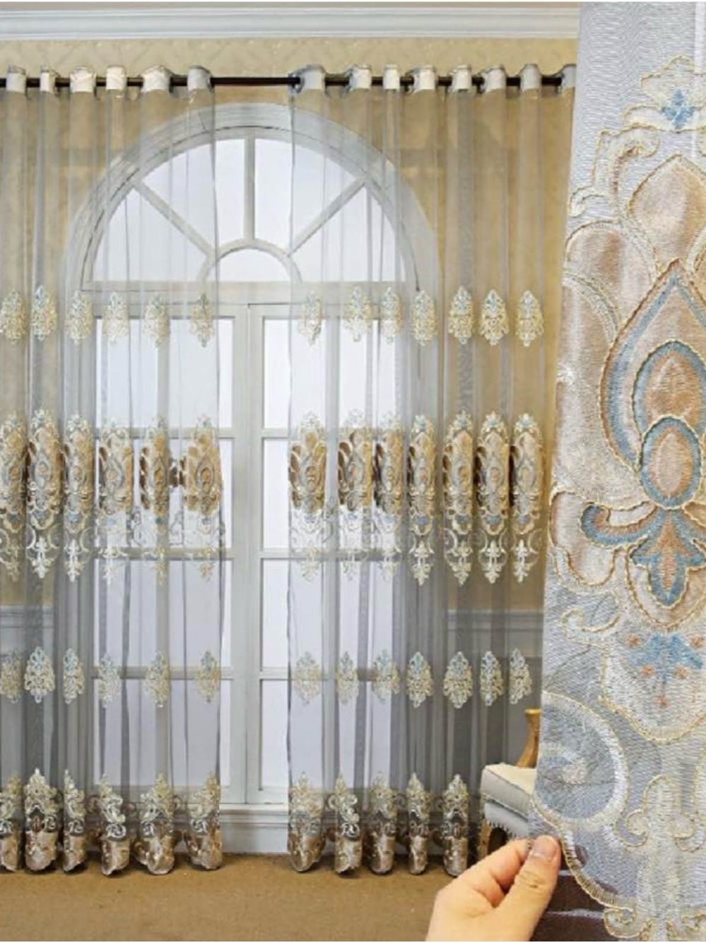 Jacquard Sheer Embroidered Tulle Curtains Gold, Cream, Grey, Blue